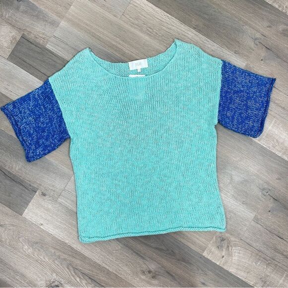 Julie Color Block Chunky Knit Sweater Green Blue Medium Large Short Sleeve - Picture 13 of 13